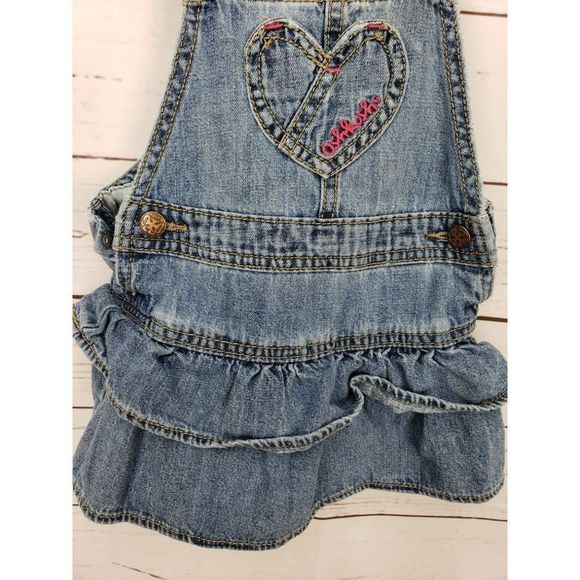 VINTAGE OshKosh Blue Jean Ruffle Heart Overall Dress Size 18 Months - Picture 3 of 6